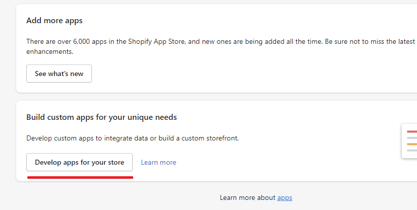 Shopify develop apps button